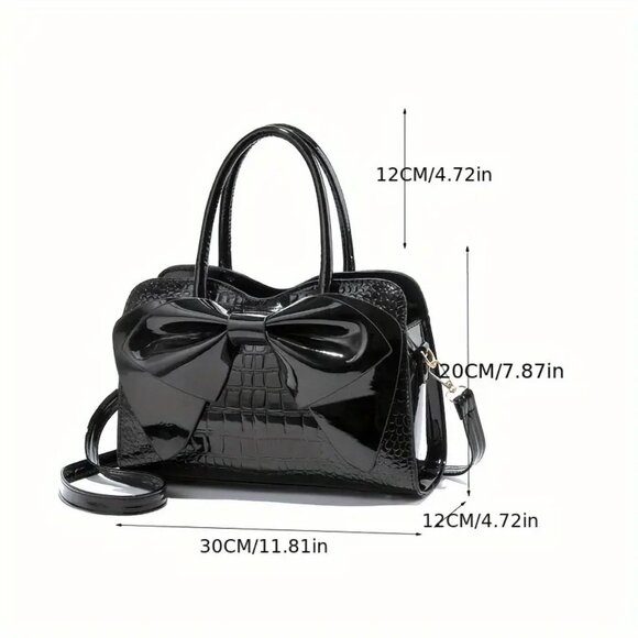 Black Crocodile Pattern Bow Handbag | Patent Faux Leather Purse w/ Strap - Picture 4 of 7